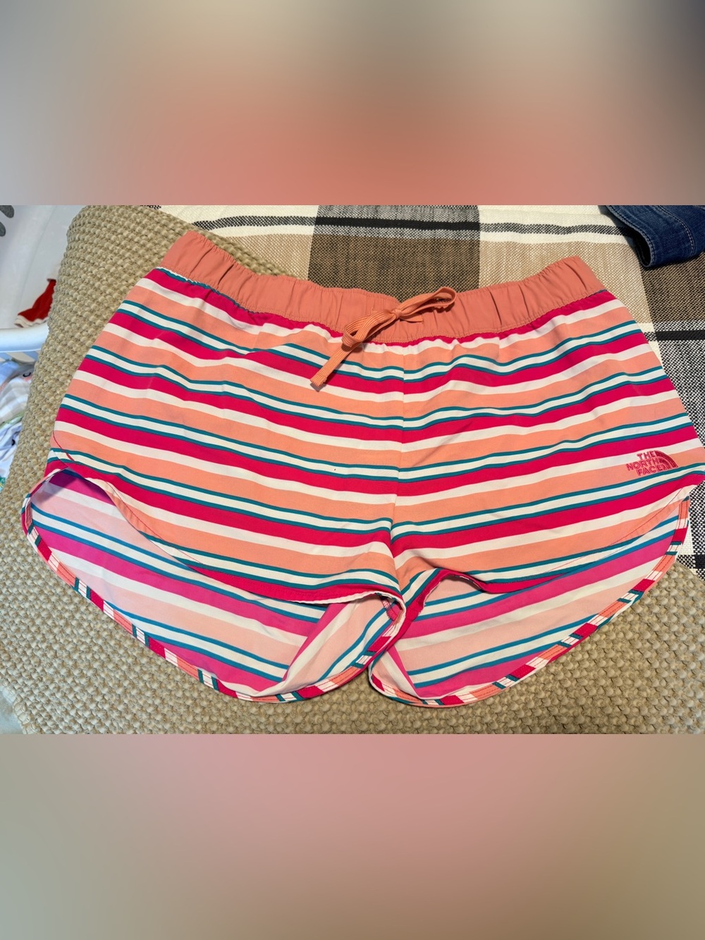 The North Face Women's Multi-Stripe Athletic Shorts in Pink and Teal
